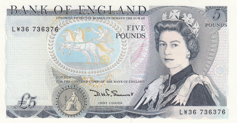 Great Britain, 5 Pound, 1980, UNC, p378c
serial number: LW36 736376, Queen Eliz...