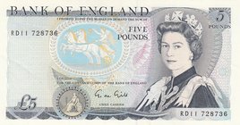 Great Britain, 5 Pounds, 1988-91, XF, p378f
serial number: RD11 728736, Queen Elizabeth II portrait, sign: Gill
Estimate: $ 15-30