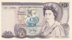 Great Britain, 20 Pounds, 1970-1980, UNC, p380b
serial number: C28 149854, Signature J.B. Page, Portrait of Queen Elizabeth II at Front and Portrait ...