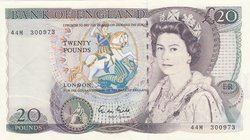 Great Britain, 20 Dollars, 1988, UNC (-), p380c
Queen Elizabeth II at right, Willliam Shakespeare at back, Signature; D.H.F. Somerset, Serial No: 44M...