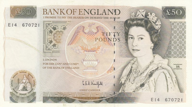 Great Britain, 50 Pounds, 1991-93, UNC, p381c
serial number: E14 670721, Signat...