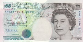 Great Britain, 5 Pounds, 1991-98, AUNC, p382b
serial number: AH02 645615, Signature G.E. Kentfield, Portrait of Queen Elizabeth II 
Estimate: $ 10-2...