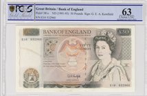 Great Britain, 50 Pounds, 1991-93, UNC, p381c
PCGS 63, serial number: E10 532960, Queen Elizabeth II portrait at right
Estimate: $ 150-300