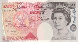 Great Britain, 50 Pounds, 1994, AUNC (+), p388a
Queen Elizabeth II portrait at right, serial number: B75 894925, sing: Kentfield
Estimate: $ 100-200