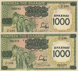 Greece, 1000 Drachmai, 1939, UNC, p111a, (Total 2 Banknotes)
serial numbers: Z-148 281375 and Z-145 500542, 1000 Drachmai on 100 Drachmai
Estimate: ...