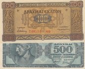 Greece, 100 Drachmai and 500,000,000 Drachmai, 1941/ 1944, UNC/ XF, p116a/ p132b, (Total 2 Banknotes)
serial numbers: 740514 NQ and 874955 EII
Estim...