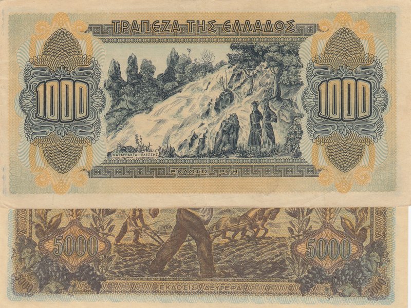 Greece, 1000 Drachmai and 5000 Drachmai, 1941 / 1942, XF (+) / AUNC (-), p117 / ...