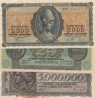 Greece, 5000 Drachmai, 25,000,000 Drachmai and 5,000,000 Drachmai, 1943/ 1944, FINE/ AUNC/ FINE, p122a/ p130b/ p128b, (Total 3 Banknotes)
serial numb...