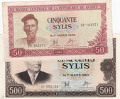 Guinea, 50 Francs and 500 Francs, 1980, XF/ AUNC, p25a/ 27a, (Total 2 Banknotes)
serial numbers: DP 163371 and AI 803134
Estimate: $ 5-15