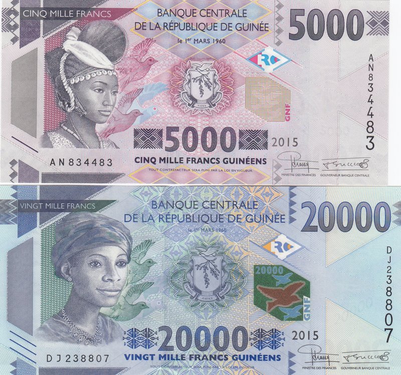 Guinea, 5.000 Francs and 20.000 Francs, 2015, UNC, p49 and p50, (Total 2 banknot...