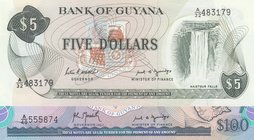 Guyana, 5 Dollars ve 100 Dollars, 1989, UNC, p22e/ p28, (Total 2 Banknotes)
serial numbers: A32 483179 and A40 555874, Signature 7 (for p22e), Signat...