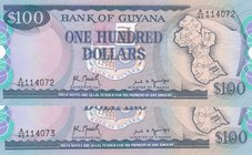 Guyana, 100 Dollars, 1989, UNC, p28, (Total 2 Consecutive Banknotes)
serial numbers: A45 114072 and A45 114073, Signature 8, Guyana Map at Right
Est...