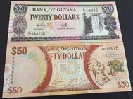 Guyana, 20 Dollars and 50 Dollars, UNC, p30/ p41, (Total 2 Banknotes)
serial numbers: C19 648236 and AB586678
Estimate: $ 5-15