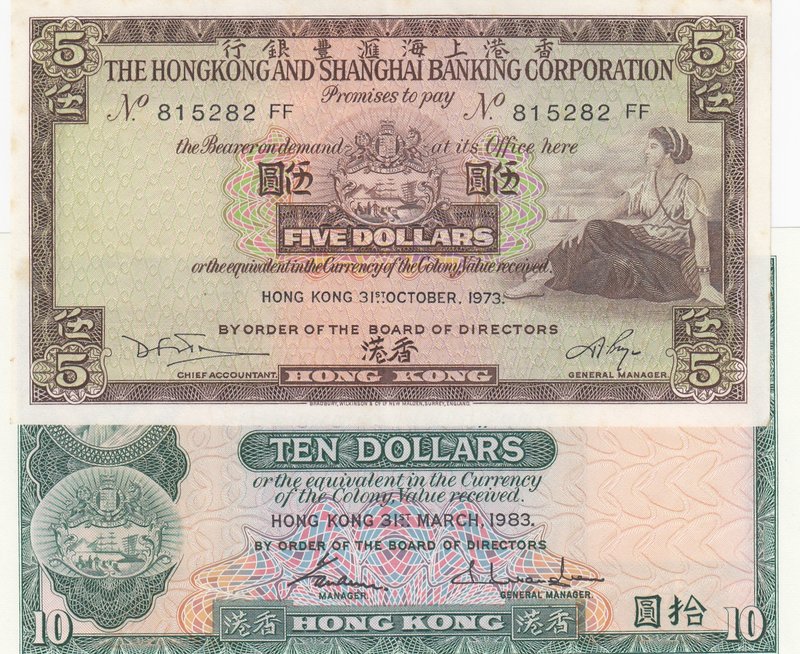 Hong Kong, 10 Dollars and 5 Dollars, 1983/ 1973, UNC, p182j/ p181f
serial numbe...