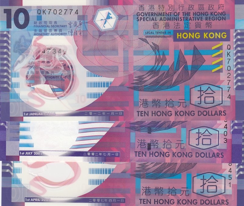 Hong Kong, 10 Dollars, 2002/ 2007/ 2012, UNC, p400a/ p401a/ p401c, (Total 3 Bank...