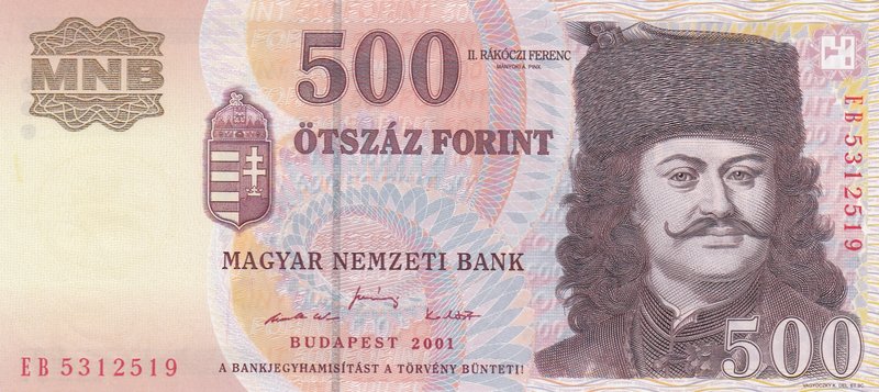 Hungary, 500 Forint, 2001, UNC, p188a
seri numarası: EB 5312519, II. Ferenc Rák...