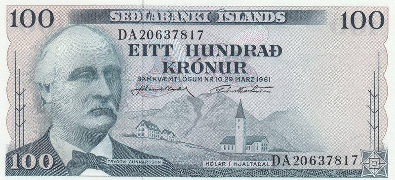 İceland, 100 Kronur, 1961, UNC, p44a
serial number: DA 20637817, Portrait of Tr...