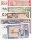 Iceland, 10 Kronurs, 25 Kronurs, 50 Kronurs, 100 Kronurs ve 500 Kronurs, UNC / AUNC, p48a/ p43/ p49a/ p50a/ p51a (Total 5 Banknotes)
serial numbers: ...