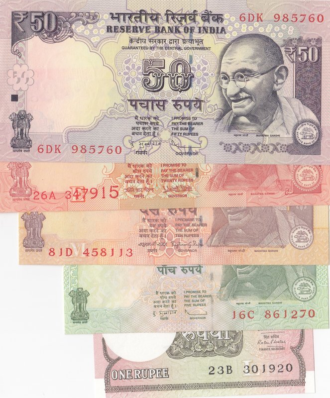 India, 1 Rupee, 5 Rupees, 10 Rupees, 20 Rupees and 50 Rupees, 2010/2017, UNC, (T...