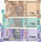 India, 10 Rupees, 50 Rupees and 100 Rupees, 2017/2018, UNC, (Total 3 banknotes)
Mahatma Gandhi portrait at left
Estimate: $ 10-20