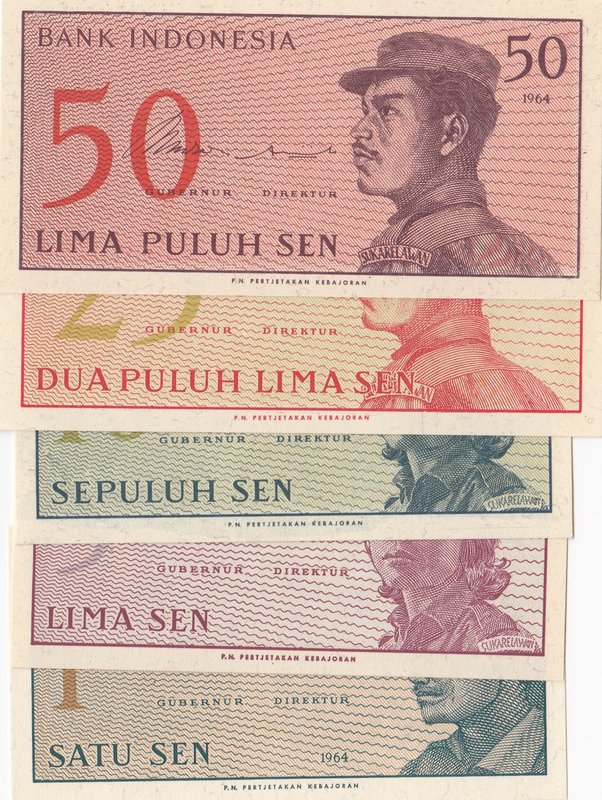 Indonesia, 1 Sen, 5 Sen, 10 Sen, 25 Sen and 50 Sen, 1964, UNC, p90 … p94, (Total...