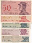 Indonesia, 1 Sen, 5 Sen, 10 Sen, 25 Sen and 50 Sen, 1964, UNC, p90 … p94, (Total 5 banknotes)
Estimate: $ 5-10