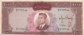 Iran, 1000 Rials, 1965, VF, p83
serial number: 9-393688, Signature 9 (Medhi Samii and A.H. Behnia, Portrait of Shah Pahlavi with in Army Uniform
Est...