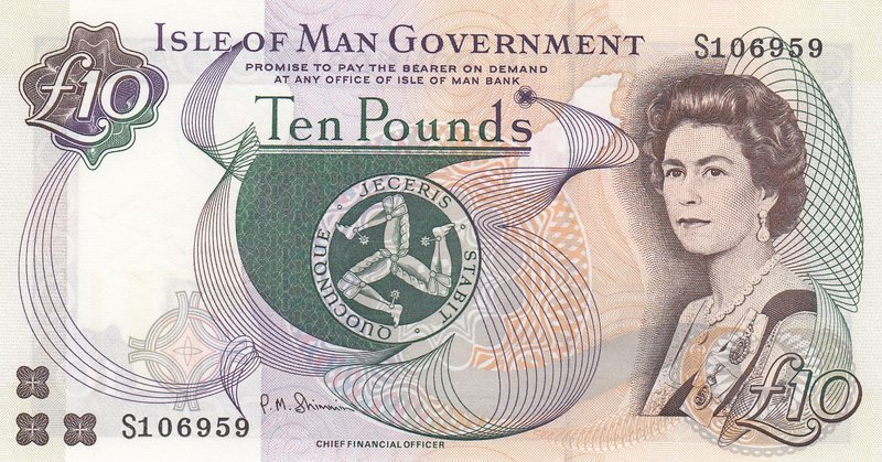 Isle of Man, 10 Pounds, 1983, UNC, p42
serial number: S1 06959, Signature 6, Po...