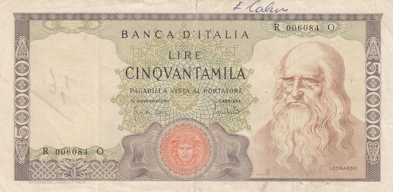 Italia, 50000 Lire, 1967, VF, p102a
serial number: R 006084 O, Signature Carli ...