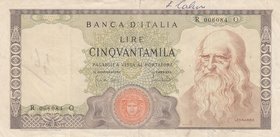 Italia, 50000 Lire, 1967, VF, p102a
serial number: R 006084 O, Signature Carli and Febrrajo, Portrait of Leonardo Da Vinci, Including remarks writed ...