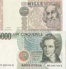 İtaly, 1000 Mille and 5000 Lire, 1982/1985, UNC, p109/p111, (Total 2 banknotes)
serial numbers: HF 666140S and WC 086749D
Estimate: $ 10-20