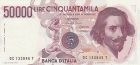 Italy, 50.000 lire, 1992, UNC, p116a
serial number: DC 133845T, sign: Ciampi/Speziali, Gian Lorenzo Bernini portrait
Estimate: $ 50-100