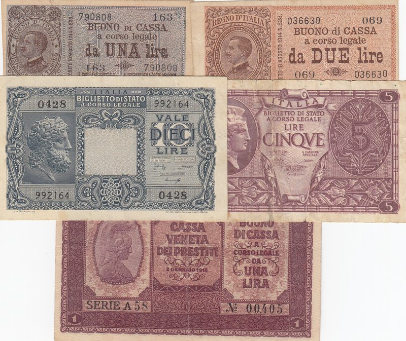 Italy, 5 Pieces Mixing Condition Banknotes
1 Lira, 1918, VF/ 1 Lira, 1914, VF/ ...
