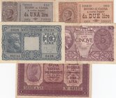 Italy, 5 Pieces Mixing Condition Banknotes
1 Lira, 1918, VF/ 1 Lira, 1914, VF/ 2 Lire, 1914, VF/ 10 Lire, 1944, XF/ 5 Lire, 1944, POOR
Estimate: $ 4...