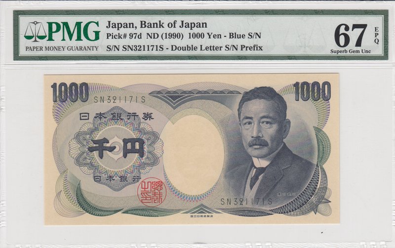 Japan, 1000 Yen, 1990, UNC, p97d
PMG 67 EPQ, serial number: SN 321171S
Estimat...