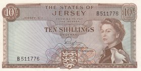 Jersey, 10 Shillings, 1963, XF (+), p8a
serial number: A 511776, Queen Elizabeth II portrait
Estimate: $ 50-100
