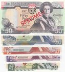 Jersey, 1 Pound, 5 Pounds, 10 Pounds, 20 Pounds and 50 Pounds, 1989, UNC, p15s/ p16s/ p17s/ p18s/ p19s, SPECIMEN, (Total 5 Banknotes)
serial numbers:...