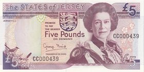 Jersey, 5 Pounds, 2000, UNC, p27a
serial number: CC000439, Portrait of Queen Elizabeth II at Front and La Corbiere Lighthouse at Back
Estimate: $ 20...
