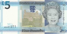 Jersey, 5 Pounds, 2010, UNC, p33a
serial number: AD421271, Portrait of Queen Elizabeth II and La Rat Cottage Building
Estimate: $ 20-40
