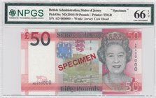 Jersey, 50 Dollars, 2010, UNC, p36s, SPECİMEN
PMG 66 EPQ, Queen Elizabeth II at right, Mont Orgueil Castle at center, Serial No: AD 000000
Estimate:...