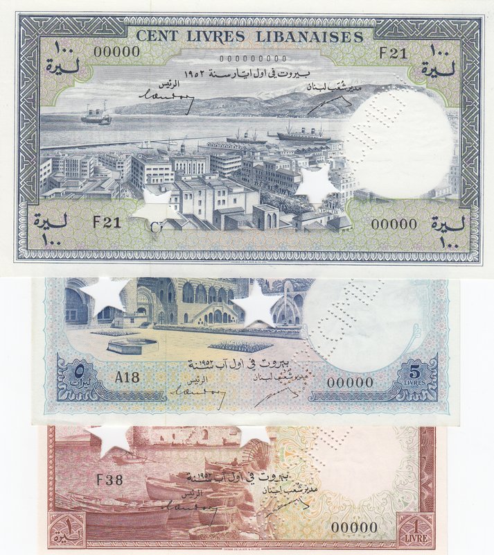 Lebanon, 1 Livre, 5 Livres and 100 Livres, 1952-1964, UNC, p55s2/ p56s2/ p60s2, ...