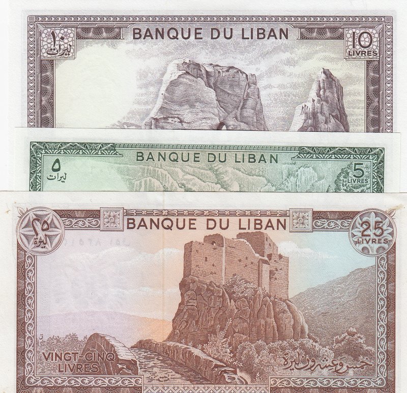 Lebanon, 3 Pieces UNC Banknotes
5 Livres, 1986/ 10 Livres, 1986/ 25 Livres, 198...