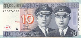 Lithuania, 10 Litu, 2007, UNC, p68
serial number: AE 8074329, Steponas Darius and Stasys Girėnas portrait at right, (Lituanica was a Bellanca CH-300 ...