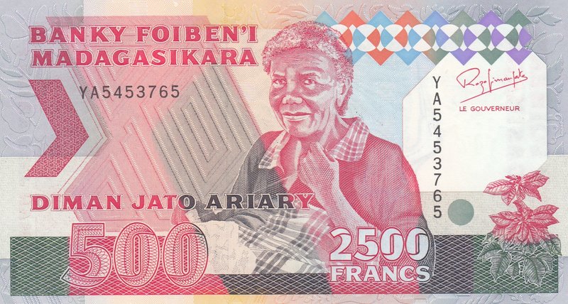 Madagascar, 2500 Francs ( 500 Ariary), 1993, UNC, p72Aa
serial number: YA545376...