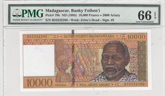 Madagascar, 10000 Francs, 1995, UNC, p79b, PMG 66
PMG 66, serial number: B53532389, Signature 5, Portrait of Old Man
Estimate: $ 20-40