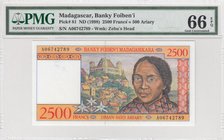 Madagascar, 2500 Francs, 1998, UNC, p81, PMG 66
PMG 66, serial number: A06742789, Signature 5, Portrait of Traditional Women
Estimate: $ 10-20