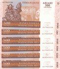 Madagascar, 500 Ariary (2500 Francs), 2004, UNC, p88, (Total 6 Pieces Consecutive Banknotes)
serial number: A4796553M, A4796554M, A4796555M, A4796556...