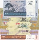 Madagascar, 5 Pieces UNC Banknotes
100 Ariary, 2004/ 200 Ariary, 2017/ 500 Ariary, 2004/ 1000 Ariary, 2017/ 2000 Ariary, 2017
Estimate: $ 10-20
