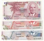 Malawi, 1 Kwacha, 5 Kwacha ve 10 Kwacha, 1992/ 1990/ 1994, UNC, p23b/ p24a/ p25c, (Total 3 Banknotes)
serial numbers: DB556167, AD649520 and BD161526...