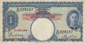 Malaya, 1 Dollar, 1941, VF, p11
serial number: N/22 028197, Portrait of King George VI
Estimate: $ 20-40